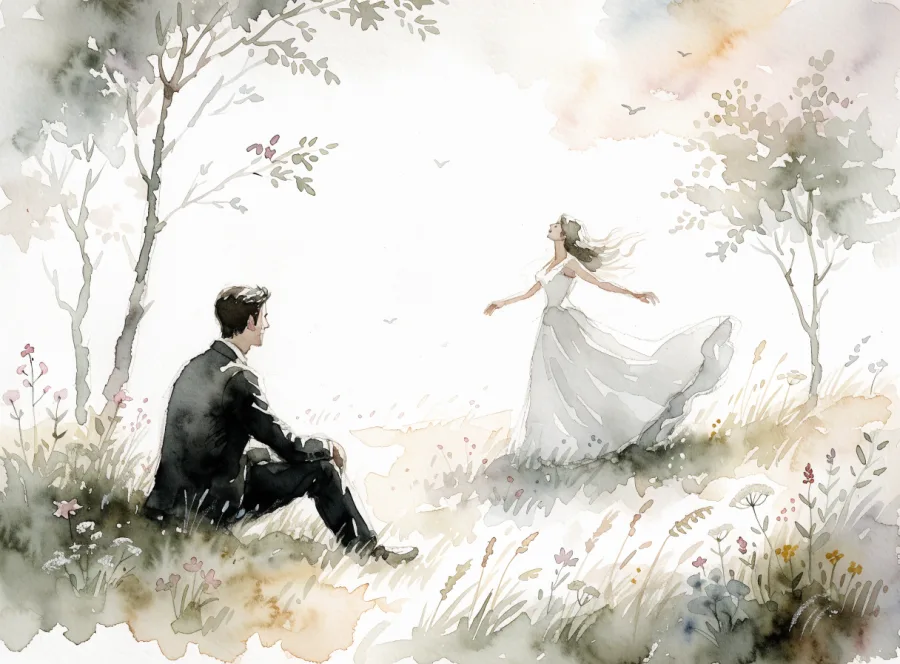Watercolor of the groom sitting in a meadow, watching the bride dance