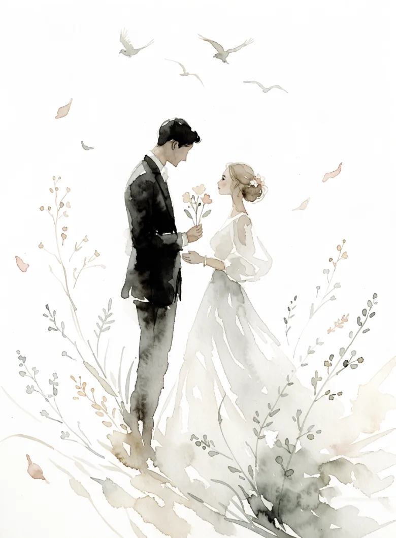 Watercolor of the groom giving flowers to the bride