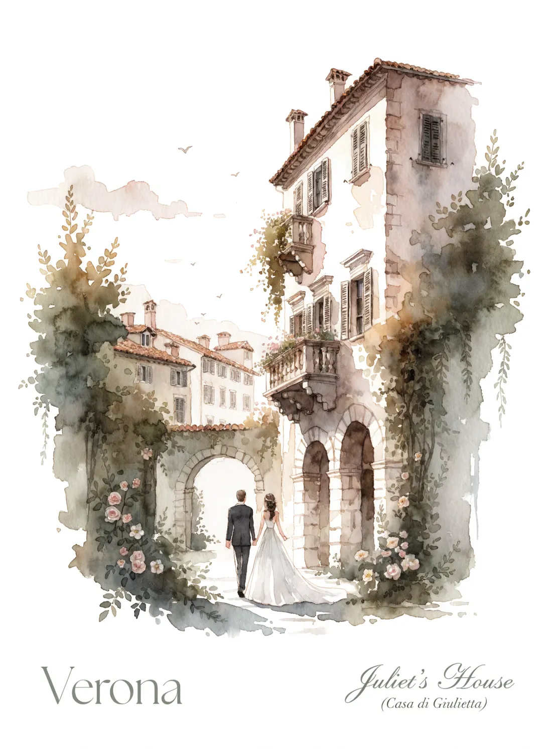 Watercolor of the couple before Juliet's House in Verona